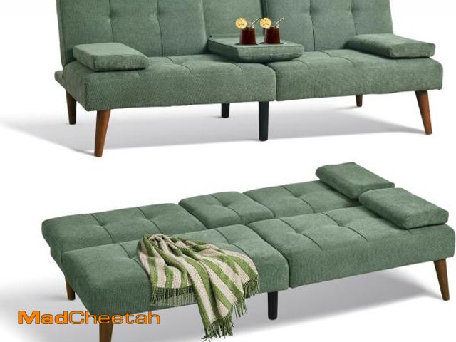 Lot 74-12284524 - COLAMY Futon Sofa Bed-Fabric Small Couch, Small Lounge Convertible with 2 Cup Holders, Removable Sof...