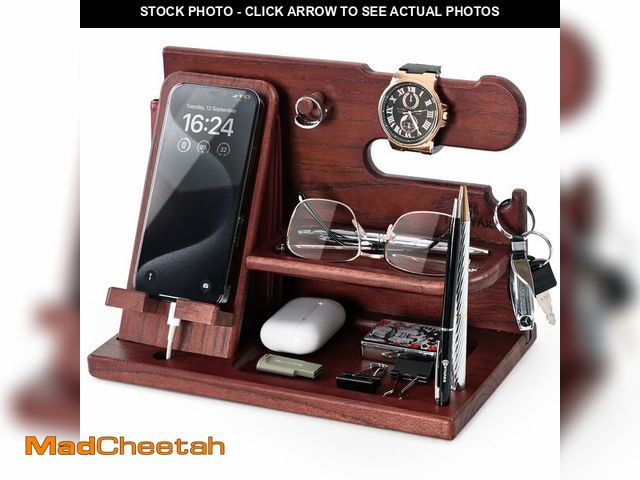 Lot 74-13575273 - TESLYAR Wood Phone Docking Station for Men - Desk or Nightstand Organizer - Birthday Gifts for Husba...