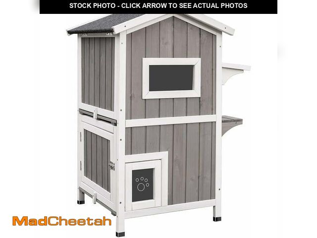 Lot 74-13042994 - PETSCOSSET Outdoor Cat House, Two-Story Wooden Feral Cat Shelter with Openable Roof, Escape Door - U...