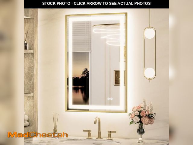 Lot 74-12167543 - Keonjinn 24 x 36 Inch Lighted Bathroom Mirror with Frontlit &amp; Backlit, Gold LED Mirror for Bathr...