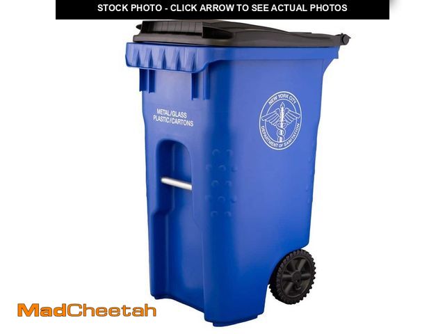 Lot 74-13769504 - (MISSING BAR TO CONNECT WHEELS) Otto Official NYC Metal, Glass, and Plastics Recycling Bin 45 Gallon...