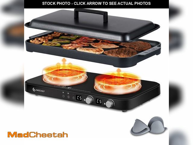 Lot 74-12761630 - AMZCHEF Double Induction Cooktop with Removable Griddle Pan Non-stick, 1800W 2 burner Portable Induc...