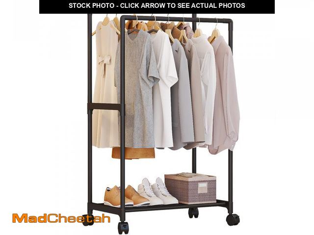 Lot 74-12490382 - Double Rods Clothes Rack with Wheels, Domaci Portable Clothing Rack with Bottom Shelves for Shoes, H...
