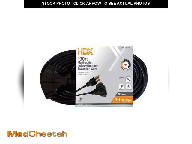 Lot 74-12745817 - HDX 100 ft. 16/3 Light Duty Indoor/Outdoor Extension Cord with Multiple Outlet Triple Tap End, Black...