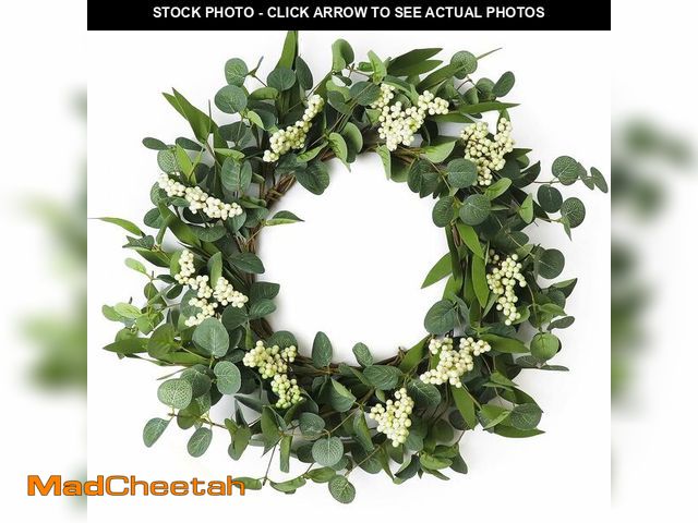 Lot 74-13542899 - FENYUAN Wreaths for Front Door, 20" Artificial Eucalyptus Wreath, White Berry Greenery Wreath for Fr...