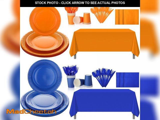 Lot 74-12120886 - Sieral 284 Pieces Orange and Blue War Birthday Party Supplies Disposable Plastic Tablecloth Paper Pl...