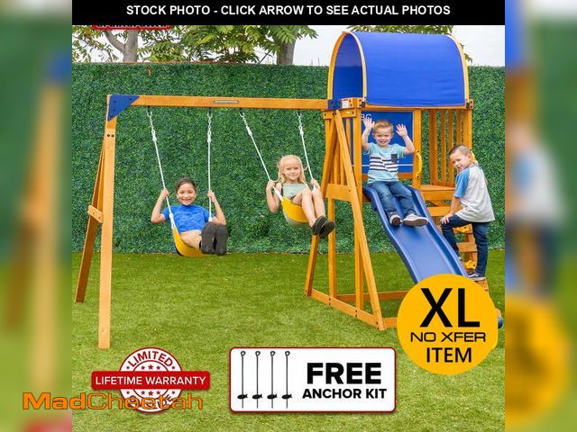 Lot 74-13780584 - Sportspower Addison Wooden Swing Set with Heavy Duty Double A-Frame, Lifetime Warranty on Slide, &am...