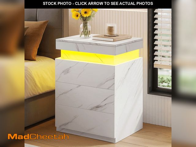 Lot 74-13046123 - LED Nightstand with LED Lights, Beside Table with 3 Drawers for Bedroom Furniture, Modern End Side T...