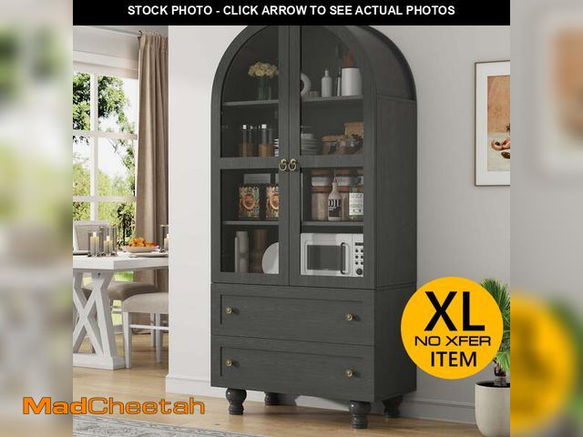Lot 74-14216811 - IDEALSOUL Arched Kitchen Pantry Cabinet, 71" Tall Wood Storage Cabinet with 2 Glass Doors, 4 Shelves...