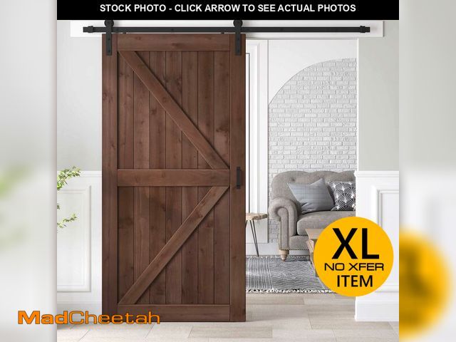 Lot 74-12785725 - ROYMELO 42x80 inch Sliding Barn Wood Door Slab with 7ft Hardware Kit and Handle, Coffee, K Shape, Si...