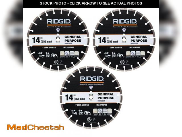 Lot 74-12281049 - RIDGID 14 in. General Purpose Cutting Segmented Rim Diamond Blades (3-Pack) - UNUSED