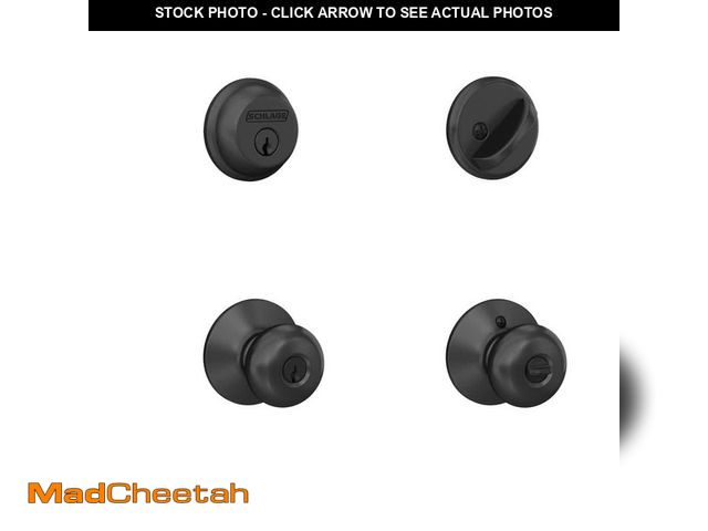 Lot 74-14084193 - Schlage Plymouth Matte Black Single Cylinder Deadbolt and Keyed Entry Door Knob Combo Pack - UNUSED