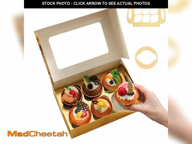 Lot 74-14045375 - BAKIPACK 25 PCS Cupcake Boxes, Gold Cupcake Boxes 6 Count with Window and Inserts, Cupcake Holders f...