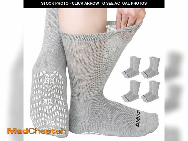 Lot 74-14145703 - CaiDieNu Non Slip Diabetic Socks: 4 Pairs Non Binding Hospital Socks for Men Women with Grips Elderl...
