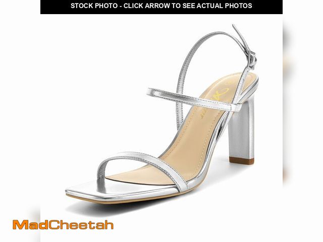 Lot 74-13947545 - Athlefit Women's Silver Heels Square Peep Toe Strappy Sandals Ankle Strap Dressy Metallic Heels Prom...