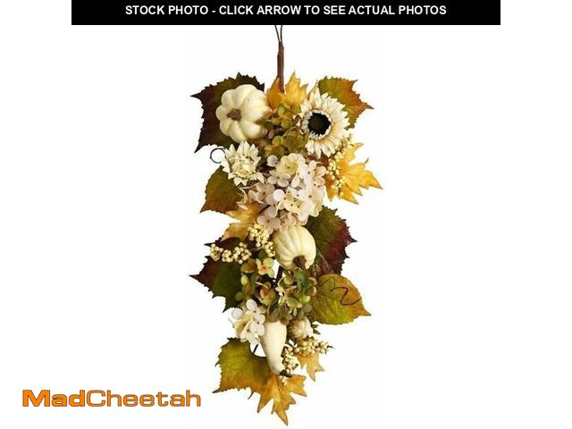 Lot 74-12633246 - Nearly Natural 33in. Fall Sunflower, Hydrangea and White Pumpkin Artificial Autumn Teardrop - UNUSED