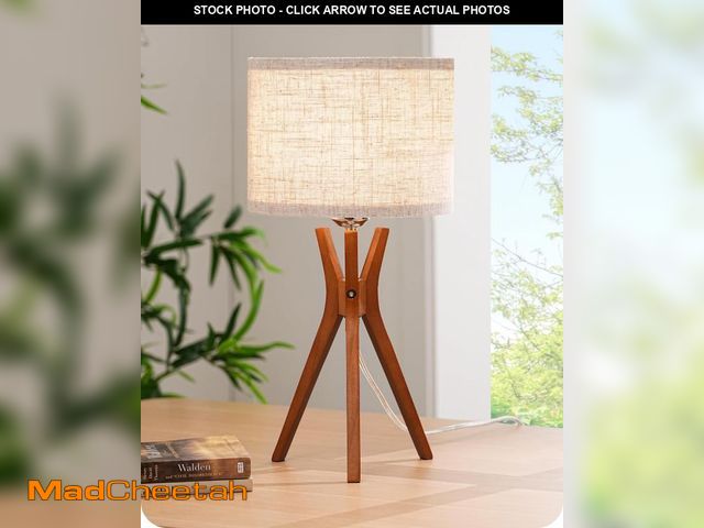 Lot 74-11549287 - EDISHINE Mid Century Table Lamp, 17.5" Tripod Bedside Lamp with Deep Wood Color Light Base &amp; Bei...