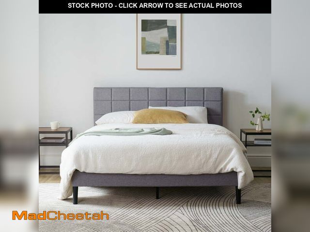 Lot 74-12557002 - Mainstays Upholstered Platform Bed, No Box Spring Needed, Gray, Queen - UNUSED