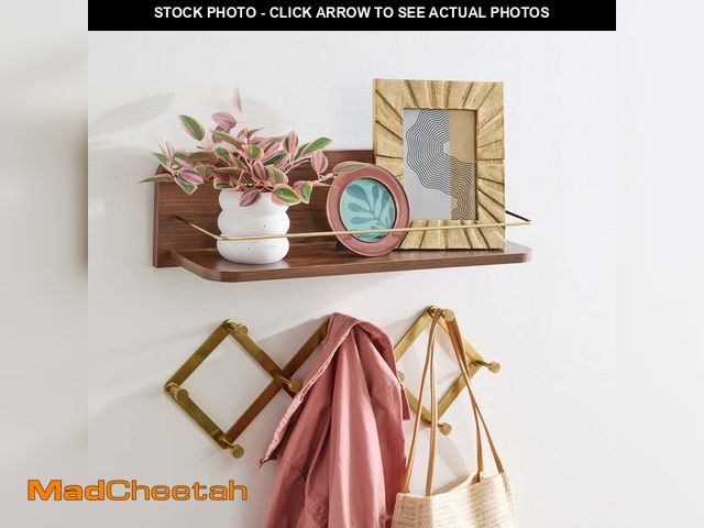 Lot 74-12859584 - Better Homes &amp; Gardens 23 inch Walnut Shelf with Gold Metal Rail - UNUSED