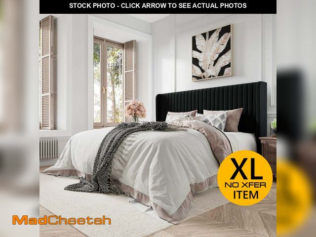 Lot 74-12549452 - Amolife King Size Velvet Upholstered Bed with Wingback Headboard, Black - UNUSED