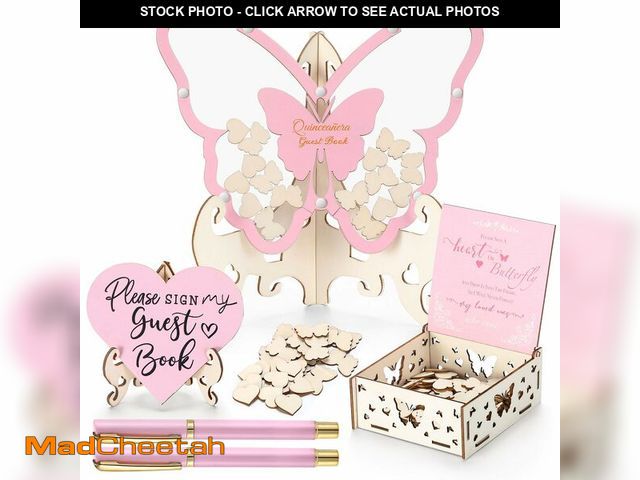 Lot 74-14303836 - Weysat Pink Butterfly Quinceanera Wooden Guest Book Alternative Drop Box Alternative Special Gifts f...