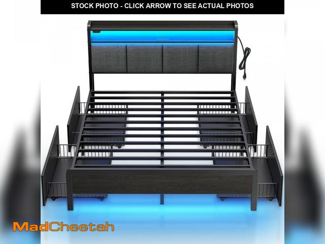 Lot 74-12277615 - Rolanstar Bed Frame Full Size with Charging Station and LED Lights, Upholstered Storage Headboard wi...