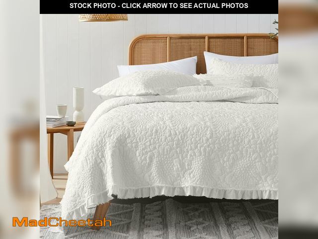 Lot 74-12701787 - HORIMOTE HOME Cream White Ruffled Quilt Queen Size, Stone-Washed Microfiber Lightweight Crinkled Far...