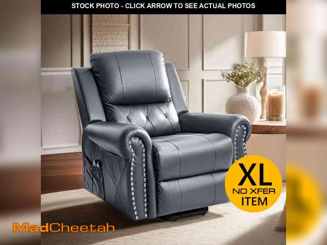Lot 74-13769014 - HOMESTOCK Oversized Gray Air Leather Power Lift Recliner with Footrest, Remote, Tufted Details, Stud...