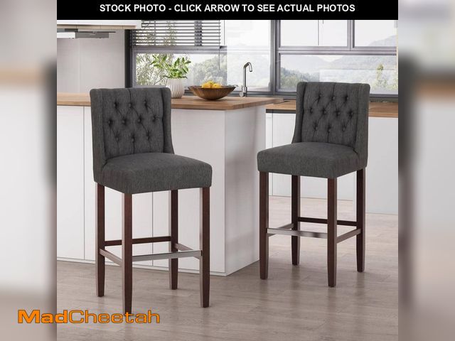 Lot 74-13611724 - Noble House Bayliss 44.25 in. Charcoal High Back Wood Bar Height Foot Rest Bar Stool with Fabric Sea...