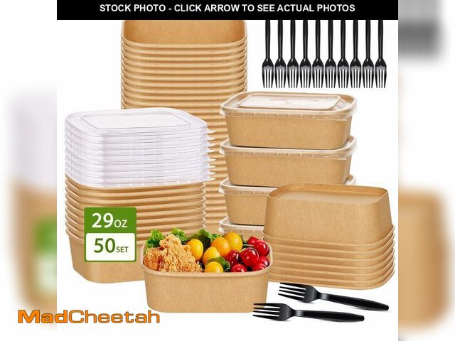 Lot 74-14205586 - 50-Pack 29oz Disposable Kraft Paper BowlsÃ£â¬Âwith Lids and ForksÃ£â¬â,Meal Prep Containers Dis...