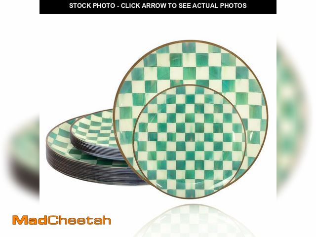 Lot 74-12608650 - U-QE 20PCS Green Plastic Plates for Party - Retro Checkered Plates Disposable Heavy Duty - White and...