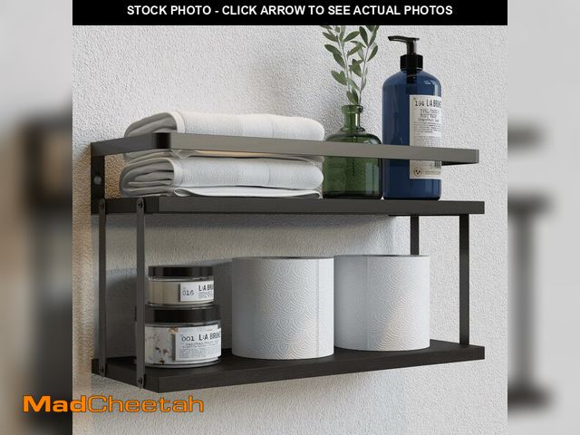 Lot 74-13629522 - RICHER HOUSE Dual-Level Guardrail Floating Shelves, Rustic Wood Bathroom Shelf Wall Mounted, Over To...