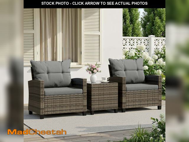 Lot 74-14354863 - (ONE CUSHION IS RIPPED) Walsunny 3 Pieces Patio Furniture Set Outdoor Wicker Conversation Bistro Set...