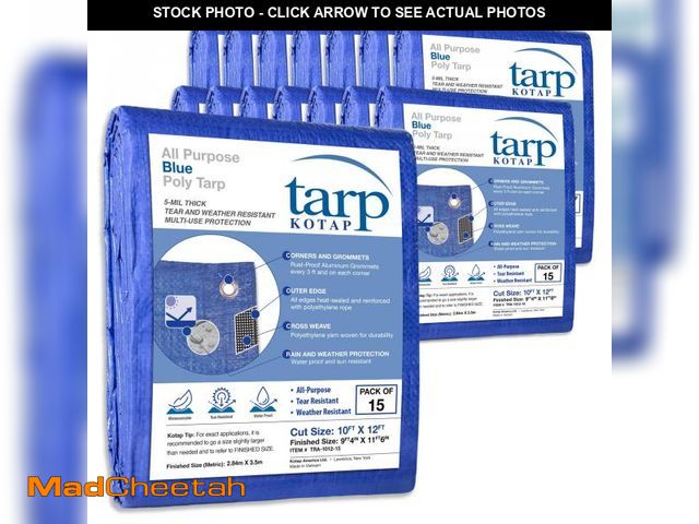 Lot 74-12476303 - KOTAP All-Purpose Multi-Use 5-mil Poly Tarp, Blue, Cut Size 10 x 12 ft./Finished Size 9 ft. 4 in. X ...