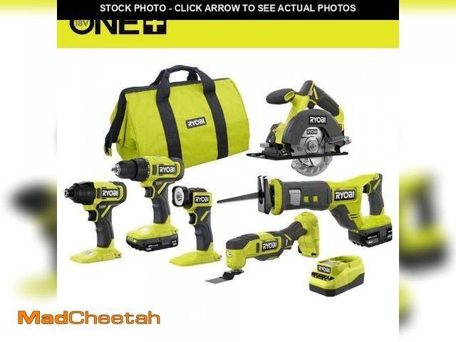 Lot 74-12173269 - RYOBI ONE+ 18V Cordless 6-Tool Combo Kit with 1.5 Ah Battery, 4.0 Ah Battery, and Charger - UNUSED