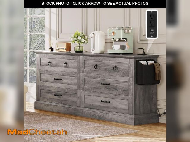 Lot 74-12386249 - DWVO Farmhouse 6 Drawers Dresser, 59" Wide Wood Rustic Chest of Drawers with Nice Texture, Vintage D...