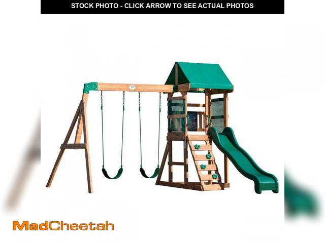 Lot 74-12285163 - Backyard Discovery Buckley Hill Cedar Wood Swing Set with Wave Slide, Play Deck, Rock Wall Ladder, B...