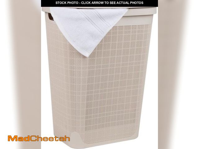 Lot 74-12399974 - Mind Reader 60L Slim Laundry Hamper, Clothes Basket, Lid, Linen Design, Plastic, Ivory - UNUSED
