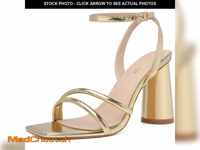 Lot 74-12716594 - RIBONGZ Gold Prom Heels for Women Strappy High Heels Square Open Toe Ankle Strap Chunky Heeled Sanda...