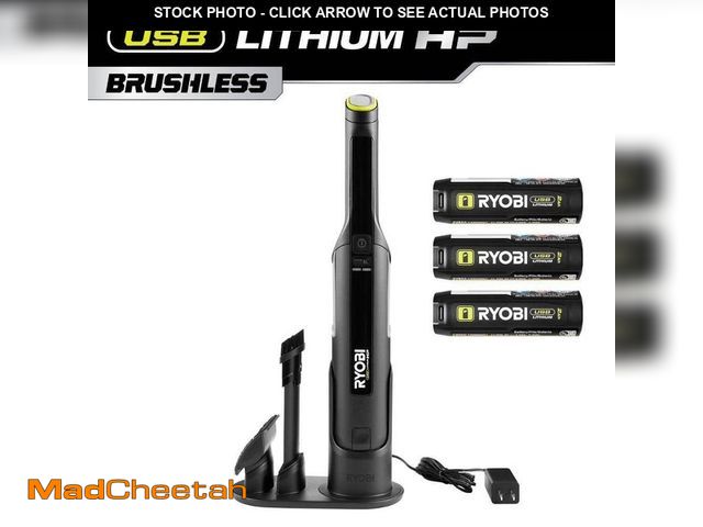 Lot 74-13663176 - RYOBI USB Lithium HP Compact Hand Vacuum Cleaner Kit with (3) USB Lithium 2.0 Ah Batteries and Charg...