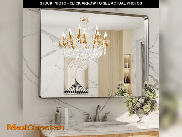 Lot 74-13121704 - LOAAO 48X36 Inch Brushed Nickel Bathroom Mirror, Rounded Rectangle Silver Metal Frame Mirror, Brushe...