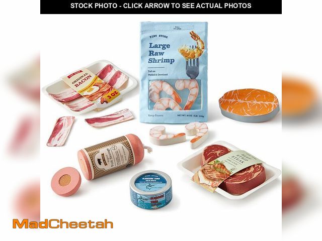 Lot 74-14214325 - Tiny Land Organic Play Food Set - 6PCS Wooden Seafood &amp; Meat Toy Set for Kids, Pretend Grocery f...