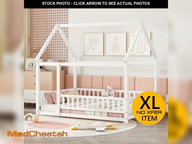 Lot 74-12786875 - Bellemave Full Size House Floor Bed,Wooden Montessori Bed with Fence and Roof for Kids,Playhouse Ful...