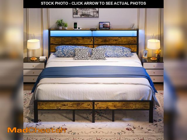 Lot 74-12538832 - Liians King Size Bed Frame with USB Type C Charging Station Headboard, Smart LED Lights, Metal Platf...