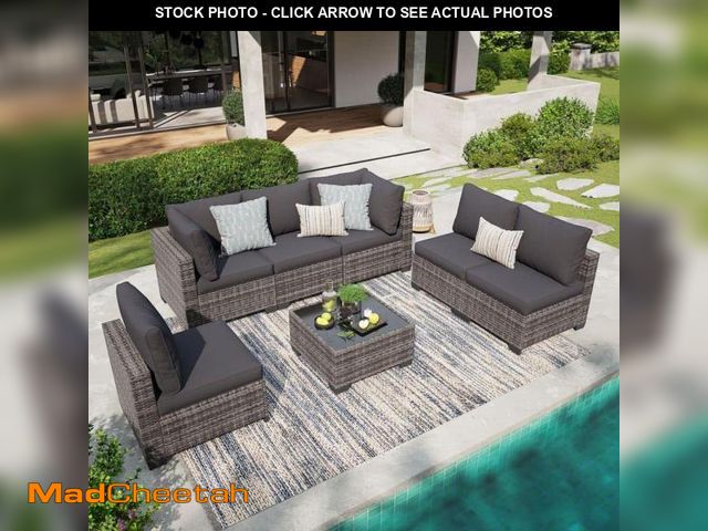 Lot 74-11994995 - JUSKYS GUKOO Gray Wicker 7-Piece Metal Frame Sofa Seating Group with Gray Cushion - UNUSED