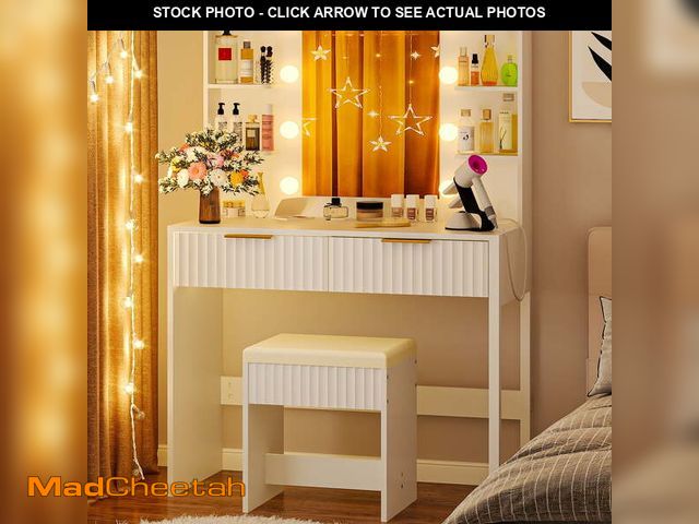 Lot 74-12801313 - Ktaxon Lighted Makeup Vanity, White Vanity Table Set with 2 Drawer and Charging Station, Femal Gift ...