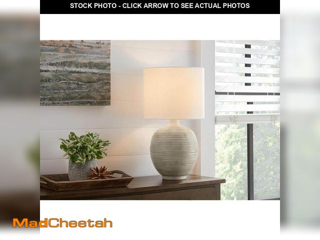 Lot 74-12557337 - *SCRATCHED* Hampton Bay Finch 22 in. Distressed White Ribbed Table Lamp with White Linen Shade *SCRA...