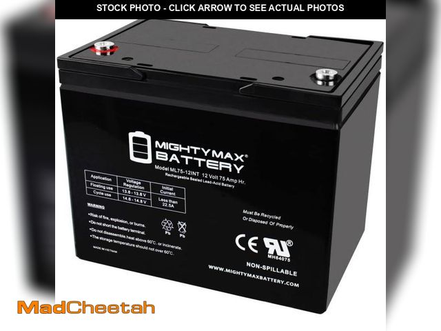 Lot 74-12243611 - Mighty Max Battery ML75-12INT -12 Volt 75 AH, Internal Thread (INT) Terminal, Rechargeable SLA AGM B...