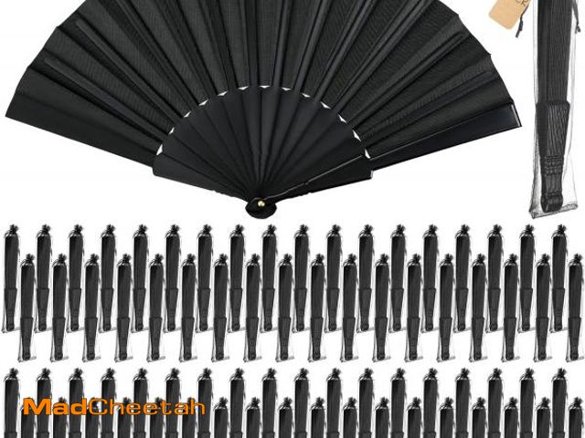 Lot 74-12333528 - Wenqik 120 Pcs Wedding Folding Hand Fans Bulk Silk Fabric Chinese Handheld Foldable Clack Fans with ...