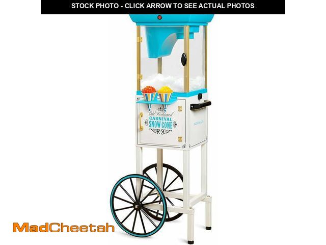 Lot 74-14588542 - Nostalgia 48-Inch Retro Snow Cone Maker Cart and Shaved Ice Machine with Built-In Storage, White Blu...